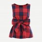 Belted Red Plaid Shell Blouse For Ladies Summer Round Neck Sleeveless Casual Peplum Blouse 2017 Wome