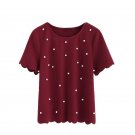 Scallop Trim Pearl Beading Embellished Textured Blouse 2017 Women Burgundy Round Neck Short Sleeve C
