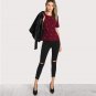 Scallop Trim Pearl Beading Embellished Textured Blouse 2017 Women Burgundy Round Neck Short Sleeve C