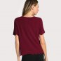 Scallop Trim Pearl Beading Embellished Textured Blouse 2017 Women Burgundy Round Neck Short Sleeve C
