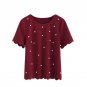 Scallop Trim Pearl Beading Embellished Textured Blouse 2017 Women Burgundy Round Neck Short Sleeve C