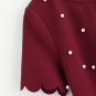 Scallop Trim Pearl Beading Embellished Textured Blouse 2017 Women Burgundy Round Neck Short Sleeve C