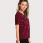 Scallop Trim Pearl Beading Embellished Textured Blouse 2017 Women Burgundy Round Neck Short Sleeve C