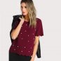 Scallop Trim Pearl Beading Embellished Textured Blouse 2017 Women Burgundy Round Neck Short Sleeve C