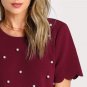 Scallop Trim Pearl Beading Embellished Textured Blouse 2017 Women Burgundy Round Neck Short Sleeve C