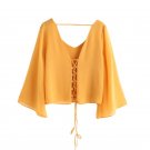 Lace Up Chiffon Blouse Women Yellow Kimono Sleeve Casual Cross Summer Tops 2017 New Sexy Open Back V