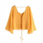 Lace Up Chiffon Blouse Women Yellow Kimono Sleeve Casual Cross Summer Tops 2017 New Sexy Open Back V