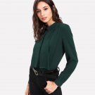 Long Sleeve Blouse Green Stand Collar Pearl Detail Plain Button Keyhole Back Top Women Elegant Work 