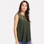 Round Neck Sleeveless Cut Out Blouse Keyhole Back Daisy Lace Shoulder Shell Plain Top Women Casual B