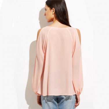 Cold Shoulder Blouses Women  Pink Raglan Sleeve Casual Sexy Summer Tops New Fashion Cute Basic Cut O