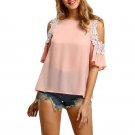 Women Cold Shoulder Crochet Trim Tops Summer Style Casual Woman Cute Tops New Arrival Pink Short Sle
