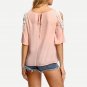 Women Cold Shoulder Crochet Trim Tops Summer Style Casual Woman Cute Tops New Arrival Pink Short Sle