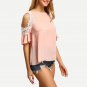 Women Cold Shoulder Crochet Trim Tops Summer Style Casual Woman Cute Tops New Arrival Pink Short Sle