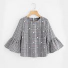 Pearl Beading Flare Sleeve Grey Plaid Blouse 2017 Round Neck 3/4 Sleeve Button Cotton Elegant Top Wo