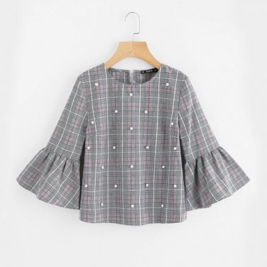 Pearl Beading Flare Sleeve Grey Plaid Blouse 2017 Round Neck 3/4 Sleeve Button Cotton Elegant Top Wo