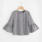 Pearl Beading Flare Sleeve Grey Plaid Blouse 2017 Round Neck 3/4 Sleeve Button Cotton Elegant Top Wo