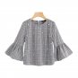 Pearl Beading Flare Sleeve Grey Plaid Blouse 2017 Round Neck 3/4 Sleeve Button Cotton Elegant Top Wo
