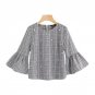 Pearl Beading Flare Sleeve Grey Plaid Blouse 2017 Round Neck 3/4 Sleeve Button Cotton Elegant Top Wo