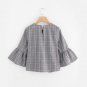 Pearl Beading Flare Sleeve Grey Plaid Blouse 2017 Round Neck 3/4 Sleeve Button Cotton Elegant Top Wo