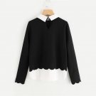 Contrast Collar And Hem Scalloped Women Blouses 2017 Color Block Long Sleeve Elegant Tops Ladies Wor