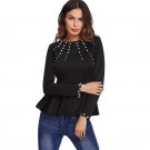 Pearl Beading Peplum OL Style Blouse 2017 Black Round Neck Long Sleeve Ruffle Plain Top Women Elegan