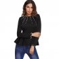 Pearl Beading Peplum OL Style Blouse 2017 Black Round Neck Long Sleeve Ruffle Plain Top Women Elegan