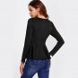 Pearl Beading Peplum OL Style Blouse 2017 Black Round Neck Long Sleeve Ruffle Plain Top Women Elegan