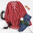 Red Striped Work Shirt V-Placket Curved High Low Office Blouse Women Long Sleeve Casual Tops Ladies 