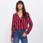 Red Striped Work Shirt V-Placket Curved High Low Office Blouse Women Long Sleeve Casual Tops Ladies