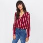 Red Striped Work Shirt V-Placket Curved High Low Office Blouse Women Long Sleeve Casual Tops Ladies