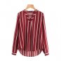 Red Striped Work Shirt V-Placket Curved High Low Office Blouse Women Long Sleeve Casual Tops Ladies