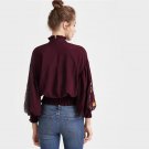 Embroidery Elegant Blouse Vintage Shirred Tops 2017 Autumn Women Lantern Sleeve Tops Burgundy Ruffle