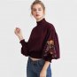 Embroidery Elegant Blouse Vintage Shirred Tops 2017 Autumn Women Lantern Sleeve Tops Burgundy Ruffle
