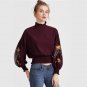 Embroidery Elegant Blouse Vintage Shirred Tops 2017 Autumn Women Lantern Sleeve Tops Burgundy Ruffle