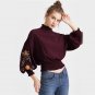 Embroidery Elegant Blouse Vintage Shirred Tops 2017 Autumn Women Lantern Sleeve Tops Burgundy Ruffle
