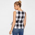 Belted Plaid Shell Blouse For Ladies Summer Round Neck Sleeveless Casual Peplum Blouse 2017 Women\'s