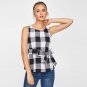 Belted Plaid Shell Blouse For Ladies Summer Round Neck Sleeveless Casual Peplum Blouse 2017 Women\'s