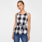 Belted Plaid Shell Blouse For Ladies Summer Round Neck Sleeveless Casual Peplum Blouse 2017 Women\'s