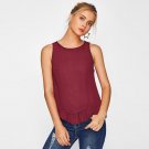 Burgundy Scallop Ruffle Hem Buttoned Keyhole Back Shell Plain Blouse Summer Round Neck Sleeveless Ca