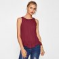 Burgundy Scallop Ruffle Hem Buttoned Keyhole Back Shell Plain Blouse Summer Round Neck Sleeveless Ca