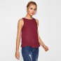Burgundy Scallop Ruffle Hem Buttoned Keyhole Back Shell Plain Blouse Summer Round Neck Sleeveless Ca
