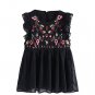 Embroidery Blouse Women Black Floral Pleated Hem Ruffle Trim Summer Tops Casual Sleeveless Cute Baby
