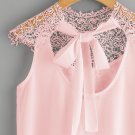 Round Neck Sleeveless Plain Blouse Pink Lace Yoke Bow Tie Open Back Knot Top For Ladies Women Elegan
