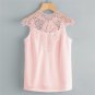 Round Neck Sleeveless Plain Blouse Pink Lace Yoke Bow Tie Open Back Knot Top For Ladies Women Elegan