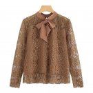 Casual Eyelash Lace OL Blouse Women Tie Neck Bow Stand Collar Long Sleeve Plain Top 2018 Spring Eleg