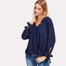 Bowed Cuff Curved Hem Surplice Wrap Blouse 2018 V Neck Long Sleeve Asymmetrical Woman Blouse Spring 