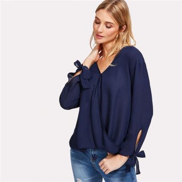 Bowed Cuff Curved Hem Surplice Wrap Blouse 2018 V Neck Long Sleeve Asymmetrical Woman Blouse Spring 