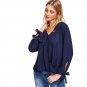 Bowed Cuff Curved Hem Surplice Wrap Blouse 2018 V Neck Long Sleeve Asymmetrical Woman Blouse Spring 