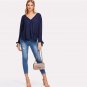 Bowed Cuff Curved Hem Surplice Wrap Blouse 2018 V Neck Long Sleeve Asymmetrical Woman Blouse Spring 