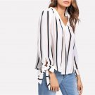 Casual V Neck Striped Blouse Women Bow Tied Cuff Vertical Top 2018 Female Spring Long Sleeve OL Styl